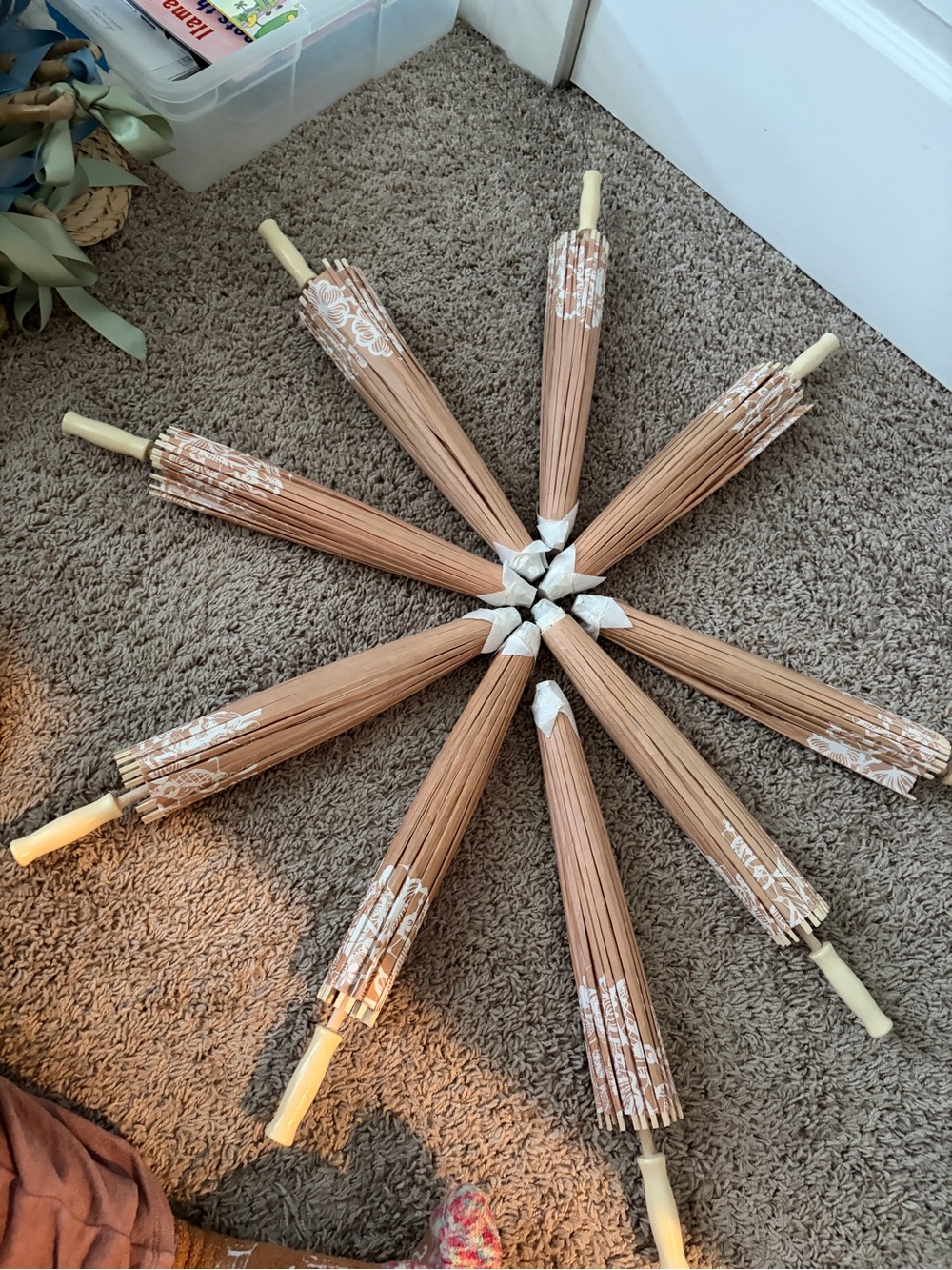 Set of 9 Decorative Paper Parasols - Natural Wood Tone